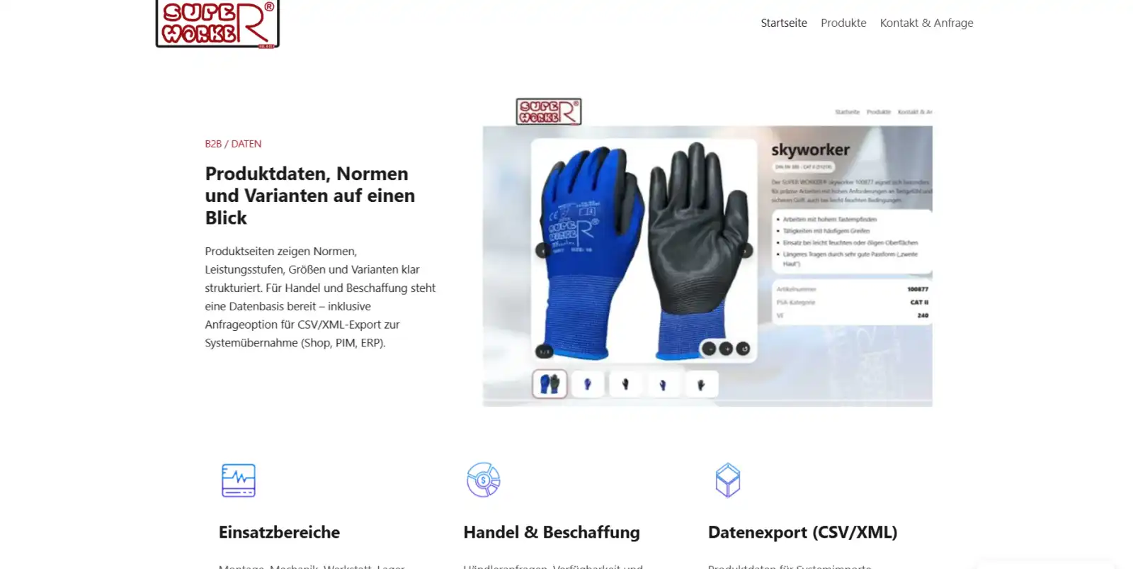 SUPER WORKER® funktioniert als fokussierte Marken- und Produktfläche. Hauptansicht